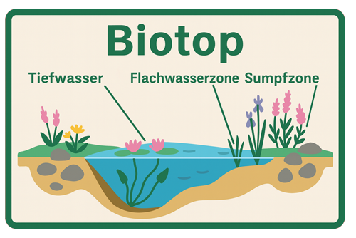 Infografik: Biotop-Zonen – Tiefwasser, Flachwasserzone und Sumpfzone