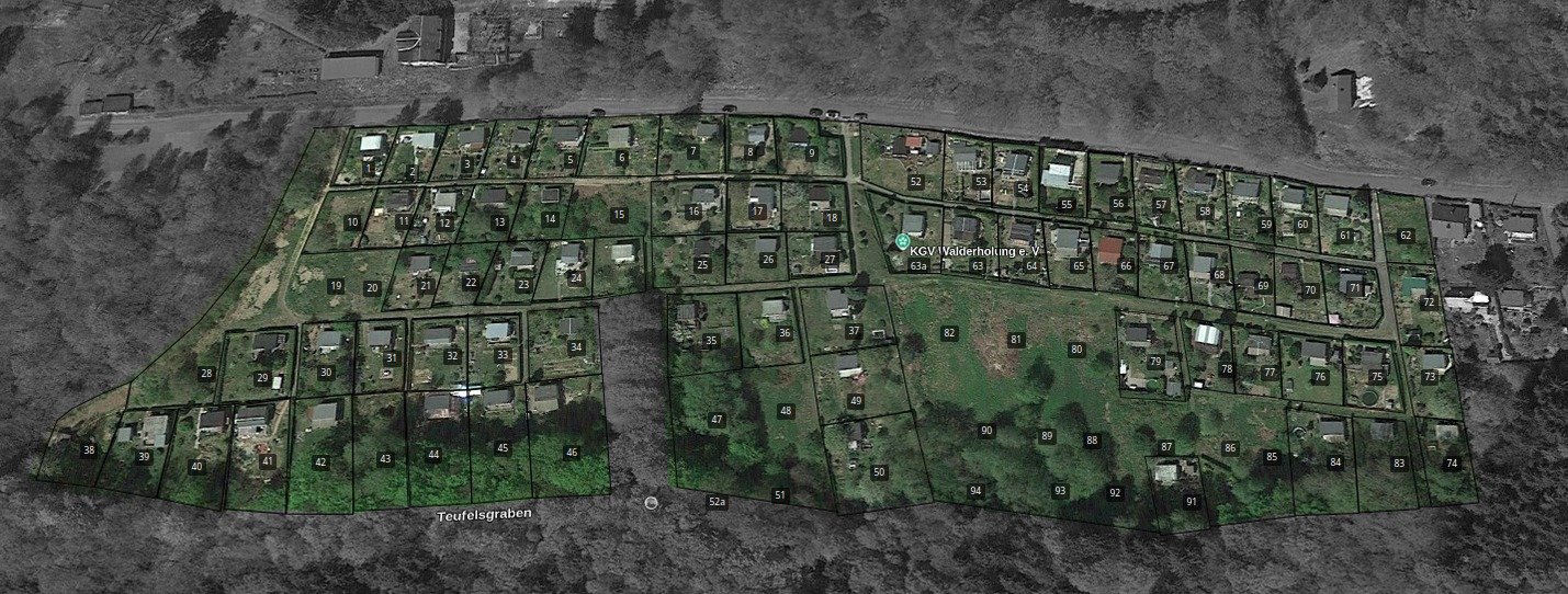 Übersichtsplan des KGV Walderholung Sonneberg e. V. mit markierten Wegen, Gartenhäusern und wichtigen Punkten der Anlage.