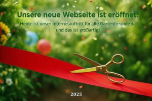 Eröffnung der neuen Webseite des KGV Walderholung Sonneberg e. V. – rotes Band mit goldener Schere und festlicher Hintergrund.
